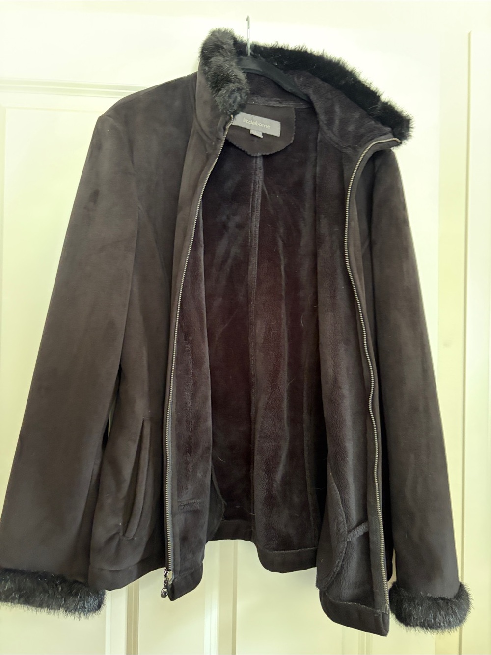 Liz Claiborne Dark Brown Suede Jacket with Faux-Fur Trim